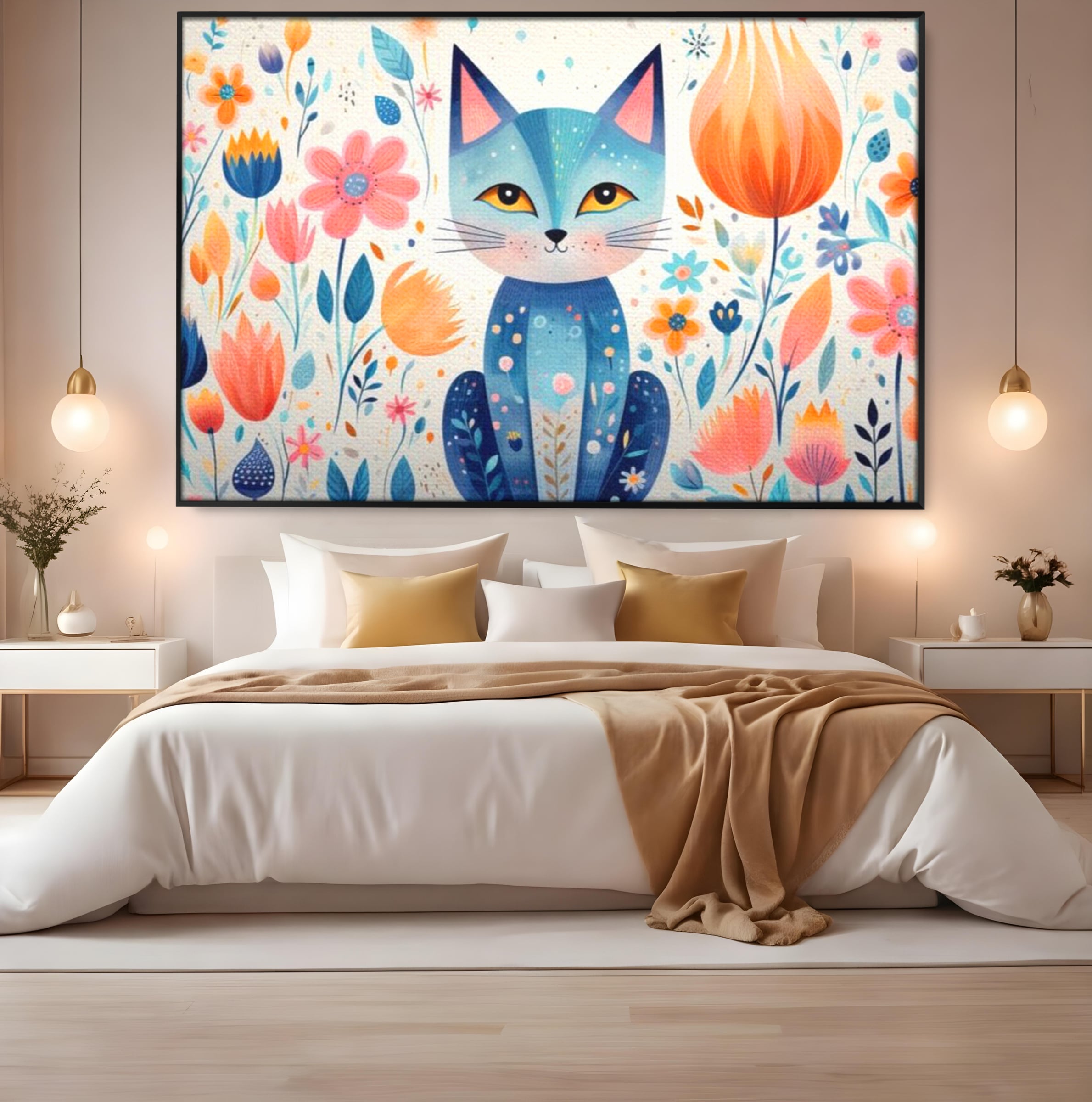 Tablou canvas cu ilustratie digitala cu pisica albastra si flori, in rama de aluminiu negru, pe perete intr-un dormitor